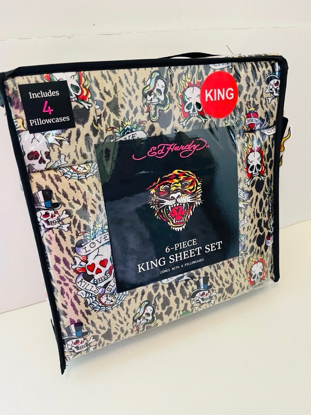 Ed Hardy 6 Piece King Size Sheet Set Love Kills Slowly Leopard Print Skulls